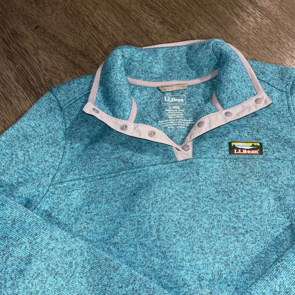 LL Bean Women L Teal Blue Sweater Fleece Pullover Snap Neck 292726